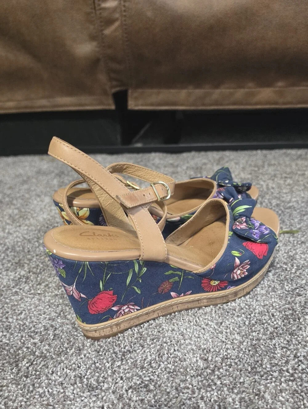 Clarks Navy Floral Wedge Sandals with Tan Straps